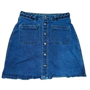 Harper Blue Denim Mini Skirt Size M Women's Braid Pockets Stretch Snap Front